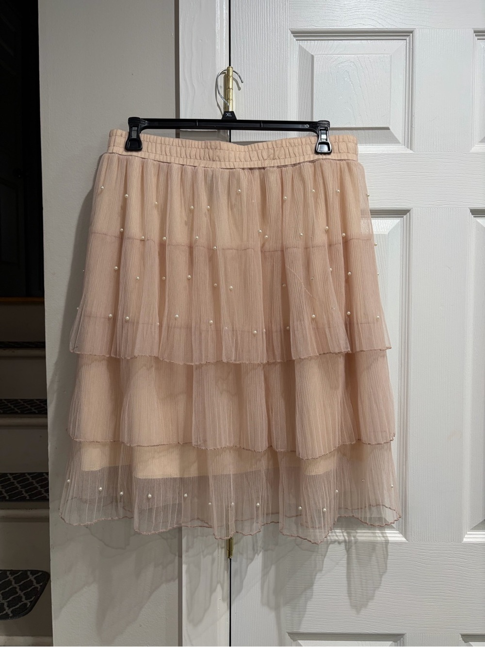 Tiered Pearl-Detail Midi Skirt - Blush